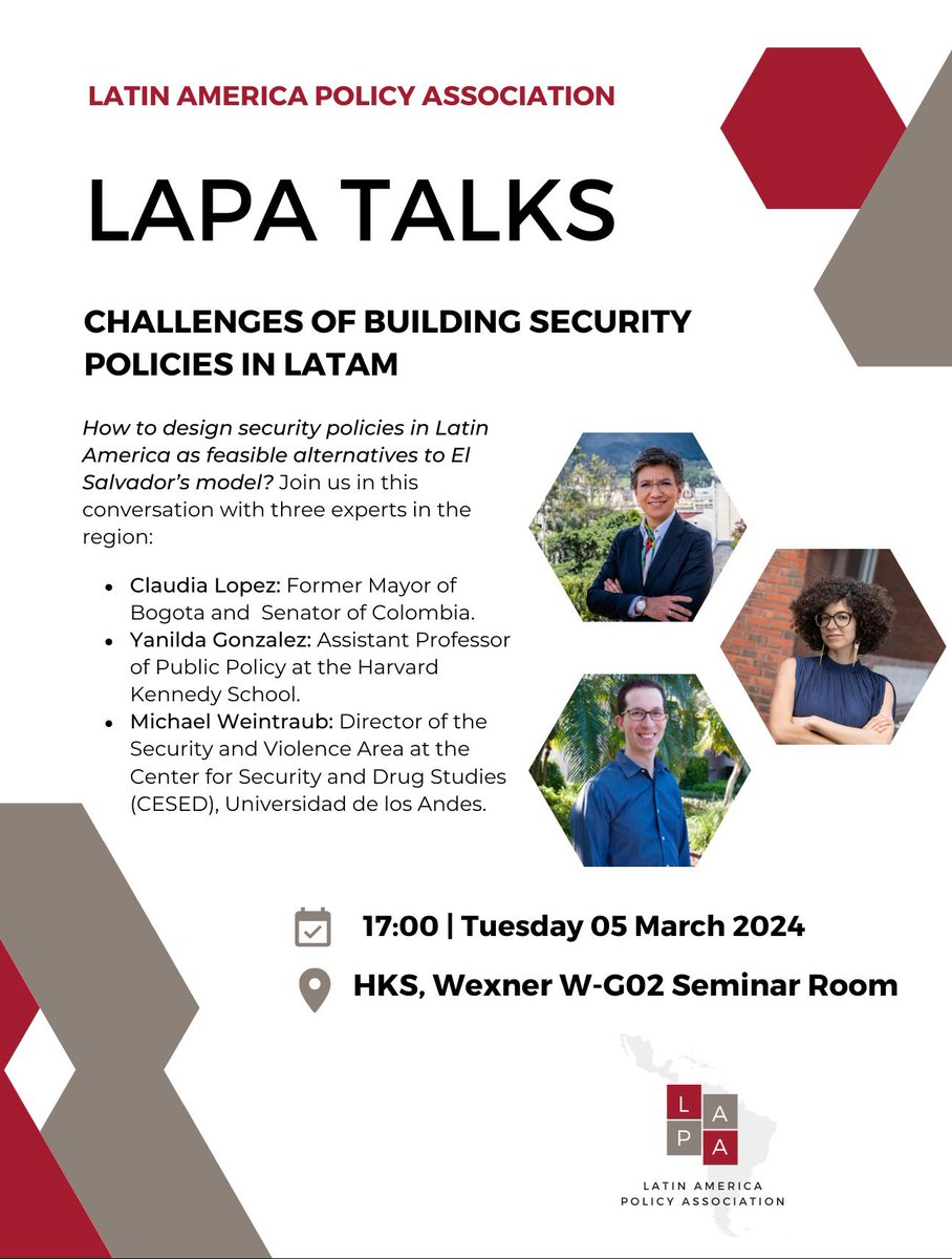 Join us on Tuesday, March 5th at 5pm, when <a href="/ClaudiaLopez/">Claudia López Hernández</a>, <a href="/che_shani/">Yanilda González</a> and I will discuss the challenges of designing and implementing effective public safety policies in Latin America <a href="/Kennedy_School/">Harvard Kennedy School</a>. 

Register here: forms.office.com/r/dEEBFGg68h