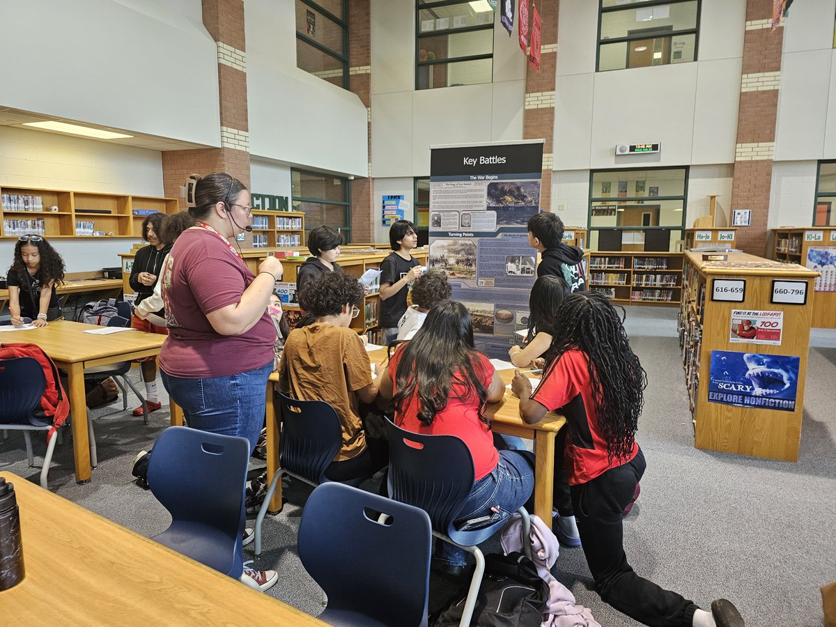 Soc_StudiesTX's tweet photo. Polk 7th Texas History team using the Civil War Banner Travel Exhibit to teach students about the battles, stats, causes, and details about life during this time period. What a fun day of hands on learning for scholars at Polk MS!  @PolkMSPanthers https://t.co/CZyXaJJQCN