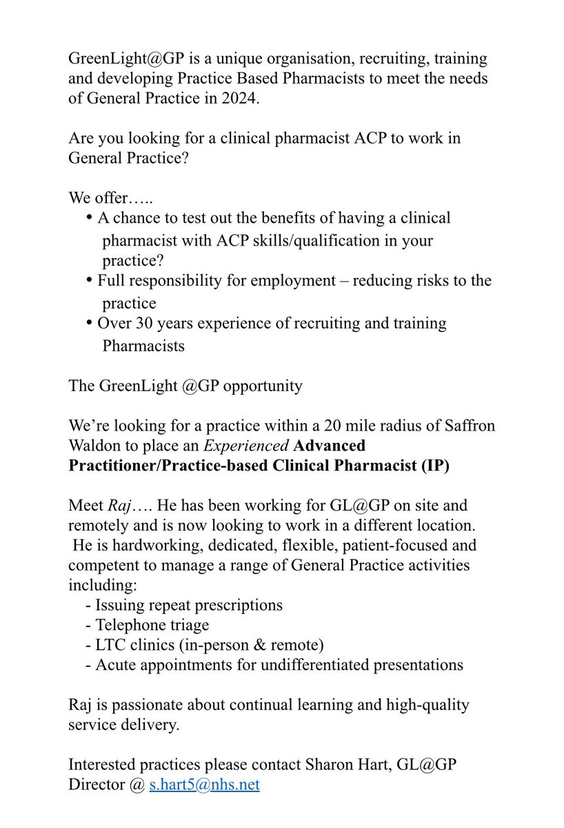 Senior Pharmacist/ACP is available to work around Safforn Walden area and within 20 mile radius from April. Details below. DM or email Sharon Hart if any questions.