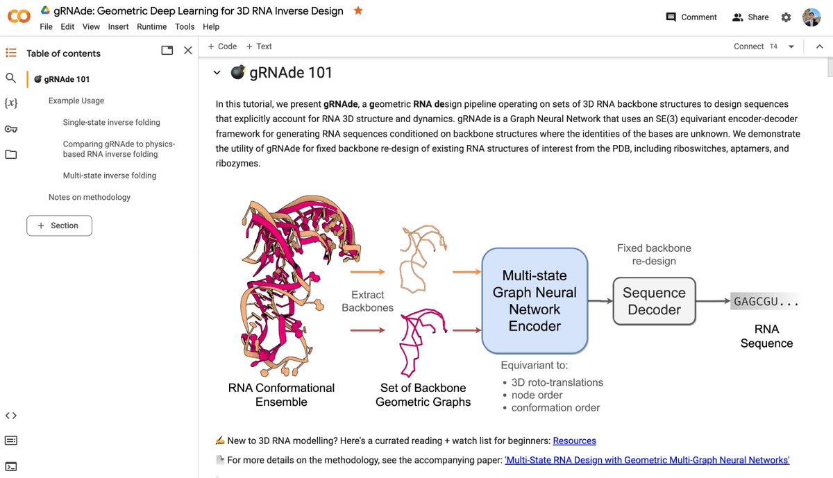 gRNAde is now on @GoogleColab 🙌 You can do fixed backbone re-design of your own RNA 3D structures from PDB files right from your browser! (ProteinMPNN for RNA structure) 📝gRNAde 101 tutorial: colab.research.google.com/drive/16rXKgbG… 🚀Design notebook for new tasks: colab.research.google.com/drive/1ajcikLb…