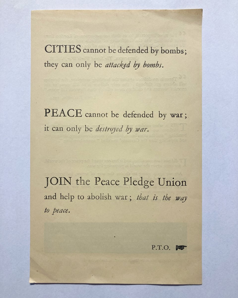 We're marking the Peace Pledge Union's 90th year with extracts from our archives. Then as now, 'PEACE cannot be defended by war' PPU membership is growing, as more people reject militarism & decide to work for peace- join us! ppu.org.uk/join-or-renew-… (plus that typography😍)