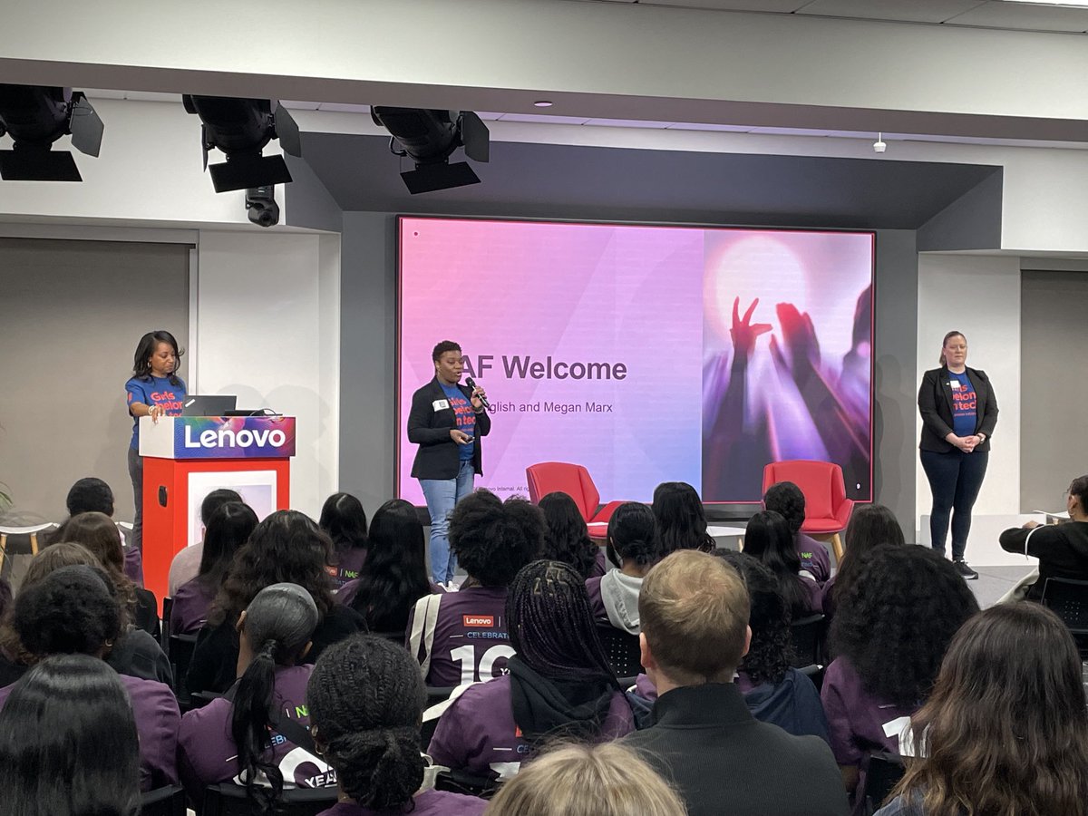 Megan and Alyssa from ⁦<a href="/NAFCareerAcads/">NAF</a>⁩ welcome the group! ⁦<a href="/Lenovo/">Lenovo</a>⁩ Girls Belong in Tech event in NC