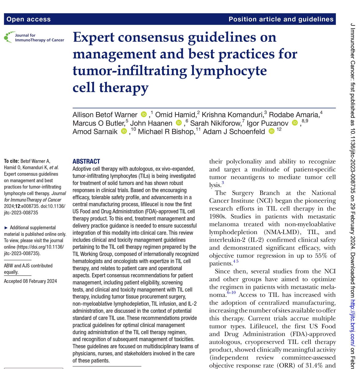 New #JITC position article and guidelines: Expert consensus guidelines on management and best practices for tumor-infiltrating lymphocyte cell therapy bit.ly/3wDpiNt @DrBetofMDPhD @OmidHamidMD @drkomanduri @HaanenJohn @PuzanovIgor @mrbishop_UC_BMT @AdamJSchoenfeld