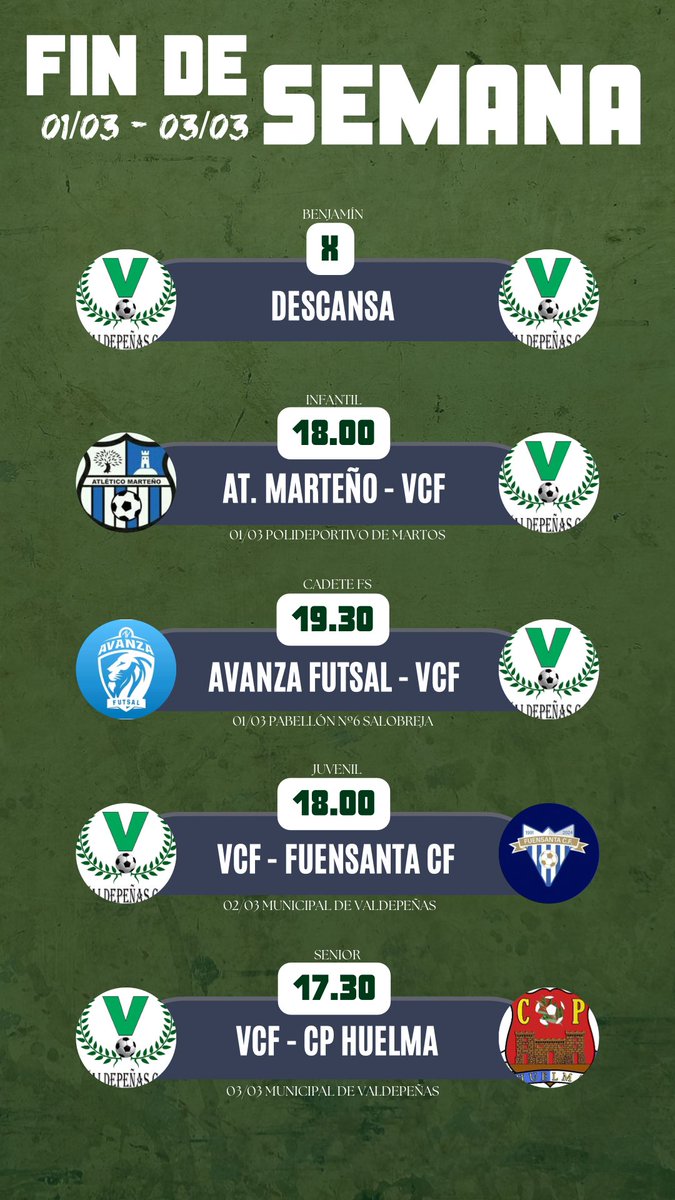 Calendario del fin de semana para las categorías del Valdepeñas CF.
