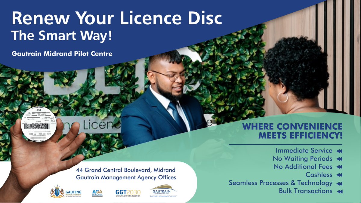 TheGautrain's tweet photo. Great news! You can now #RequestASlot to renew your licence discs at the DLTC Pilot located at 44 Grand Central Boulevard, Grand Central, Midrand.
No walk-ins! Visit https://t.co/zt1HOttk2f #RequestASlot.
#GautrainJourneys
#RenewandComply https://t.co/RL3mLf4Gc2