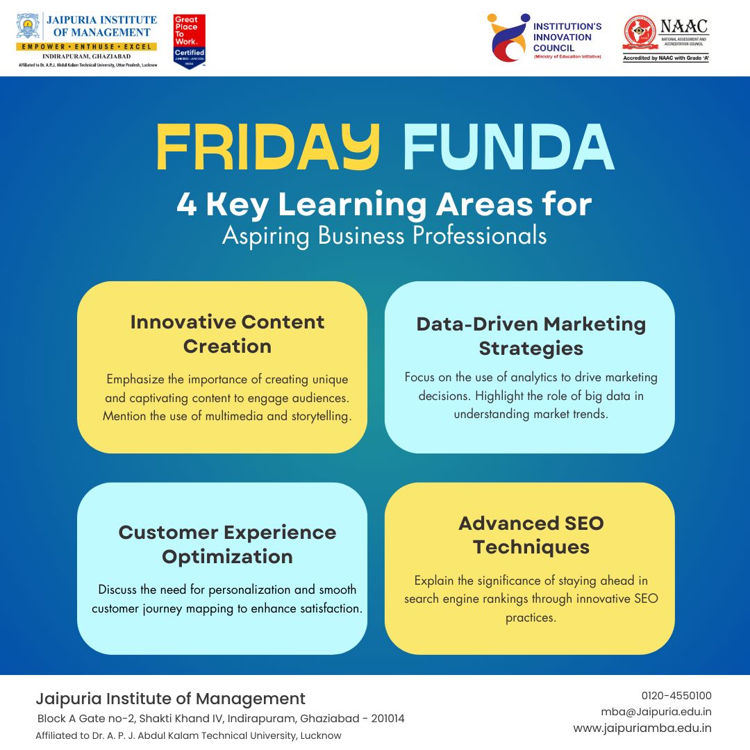 JaipuriaMBA's tweet image. End your week with a boost of knowledge!  Dive into these 4 key learning areas essential for every aspiring business professional.   Apply now and transform your potential into success!

jaipuriamba.edu.in/mba_admissions/

#FridayFunda #BusinessLearning #JaipuriaInstitute #MBAJourney