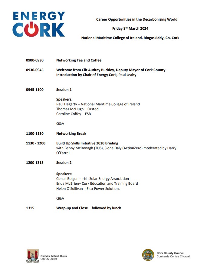 Here's the agenda for next week's event - Career Opportunities in the Decarbonising World on Friday 8th. Energy Cork is delighted to have a great range of industry speakers with us for this. Register now at the link below!