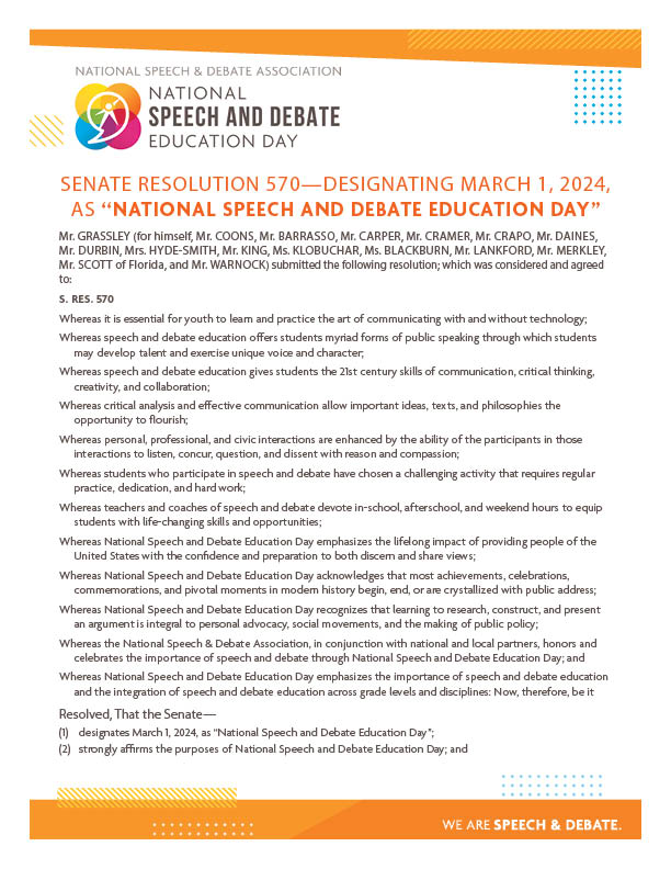 speechanddebate's tweet image. It has officially been declared #NSDEDay! 🎉This morning, the US Senate passed our resolution declaring March 1, 2024 National Speech and Debate Education Day in a unanimous decision. Check out the full resolution here ➡ bit.ly/3Tkei08