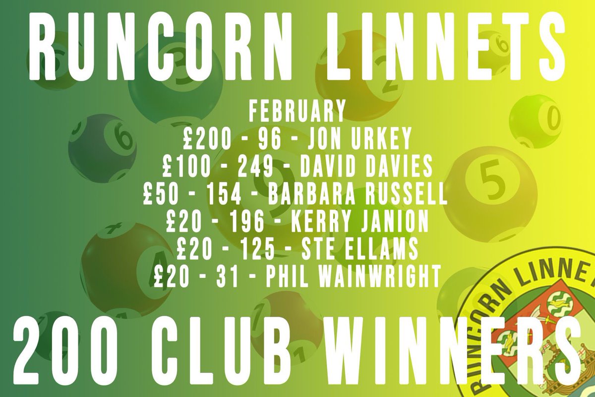 Your <a href="/RuncornLinnets/">Runcorn Linnets FC</a> 200 Club Draw took place today and Well Done to our winners please get in touch for payments 💛💚