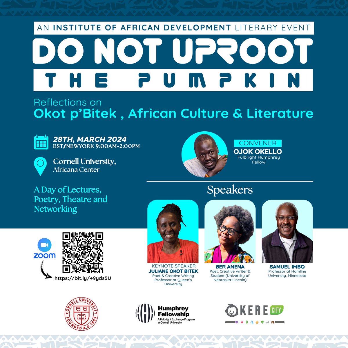 l’ll be presenting a paper “Rereading Okot p’Bitek in Contemporary Uganda” at Cornell University on March 28th. Bitek was one of my early influences to becoming a writer. Excited to see @jobitek again and all the great speakers. Thank you @OjokOkello_ Join us in person or online.