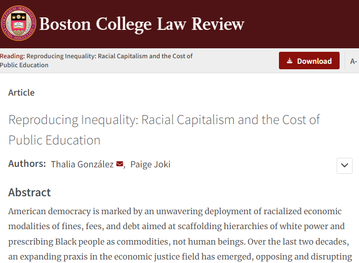 We’re excited to share this paper: Reproducing Inequality: Racial Capitalism and the Cost of Public Education.  
 
It’s a first-of-its-kind study of school-based fines and fees, published in the Boston College Law Review. #FineFreeSchoolsPA 

bclawreview.bc.edu/articles/3115