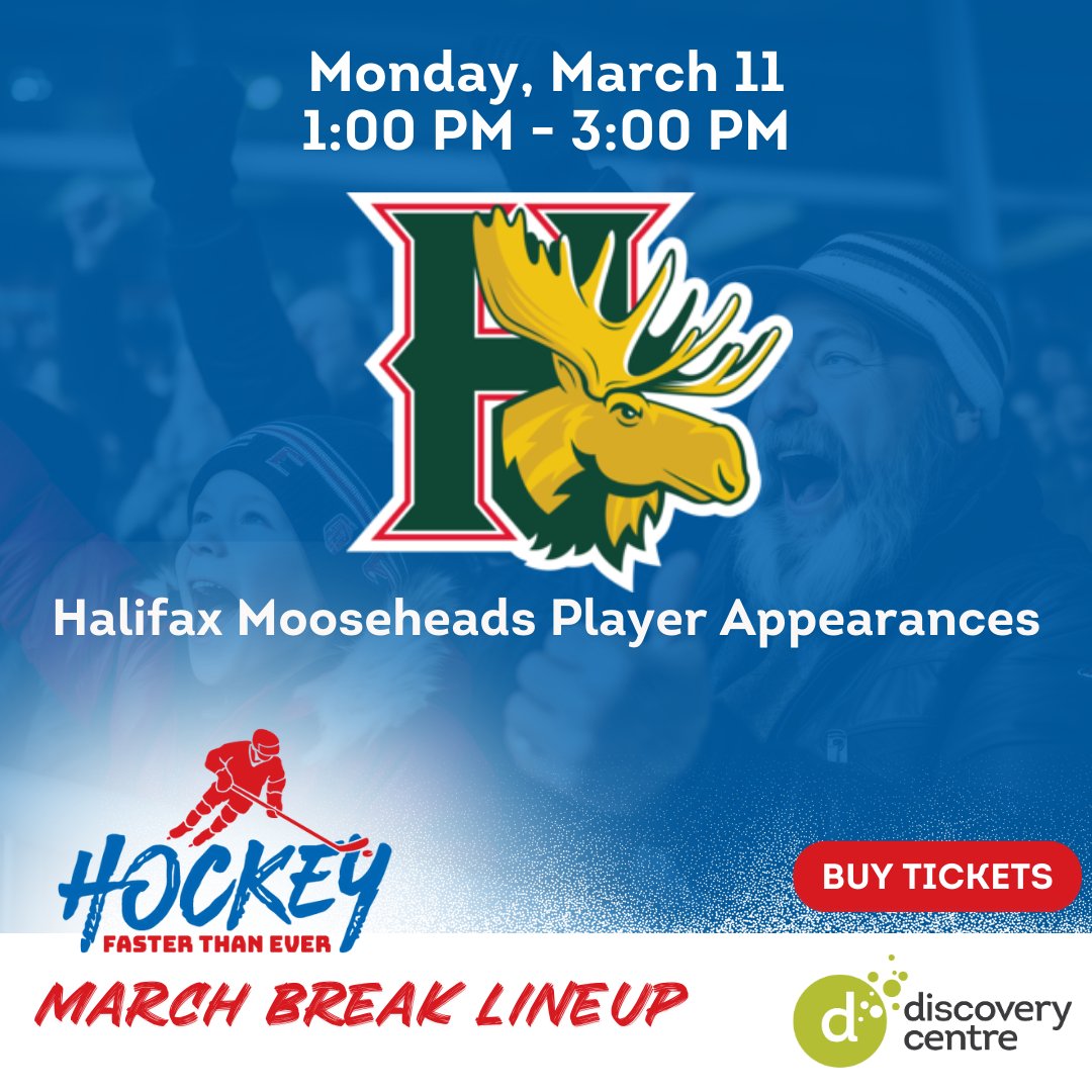 TICKETS ON SALE NOW! Join us with one of our March Break Special Guests @HFXMooseheads! On March 11, 1pm - 3pm, meet Moosehead’s players and test your skills in a slapshot cage. Plus get signatures from some of the players! Secure your tickets today: thediscoverycentre.ca/visit-us/march…