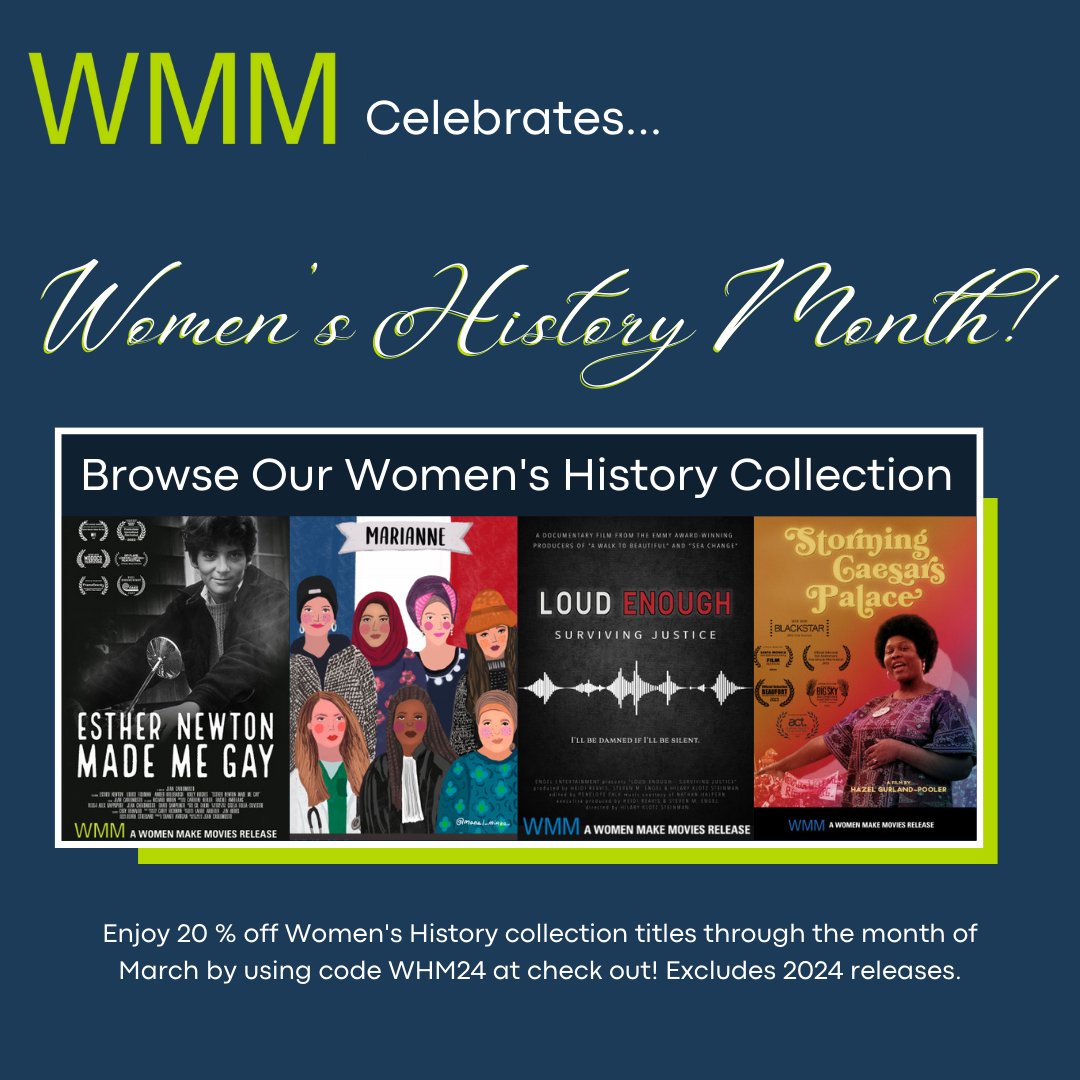 Happy Women's History Month! Enjoy 20 % off select WH collection titles by 3/31 by using code WHM24 at checkout! Browse our catalog of films that explore historical and present-day challenges faced by women across the globe. Offer Excludes 2024 releases. wmm.com/catalog/films-…