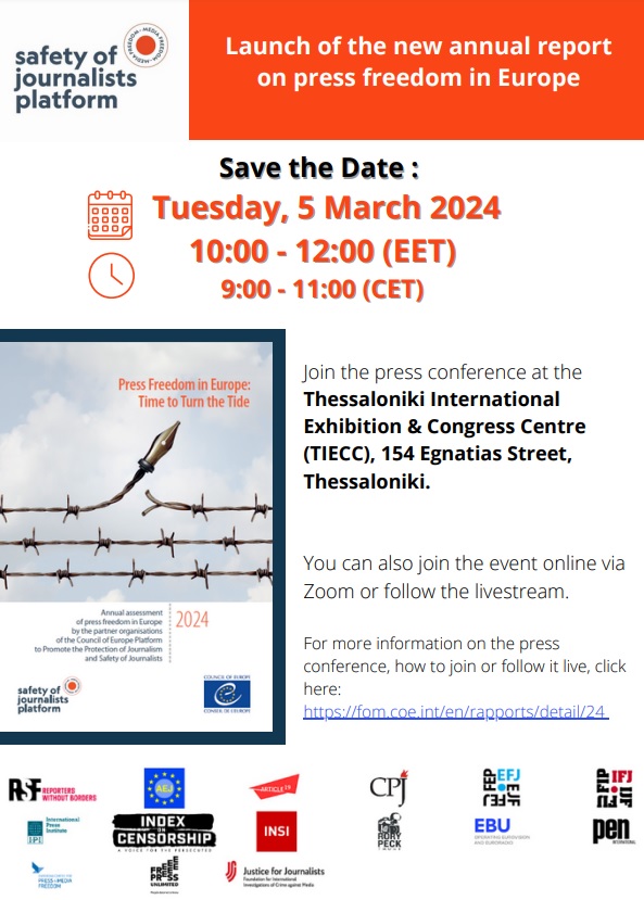 On 5 March, 09:00 - 11:00 a.m. the Platform to promote the protection of journalism and the safety of journalists will launch its annual report, 
Please register here to participate online via Zoom:
us06web.zoom.us/.../reg.../WN_… 
#PressFreedom #EuropeForFreeMedia