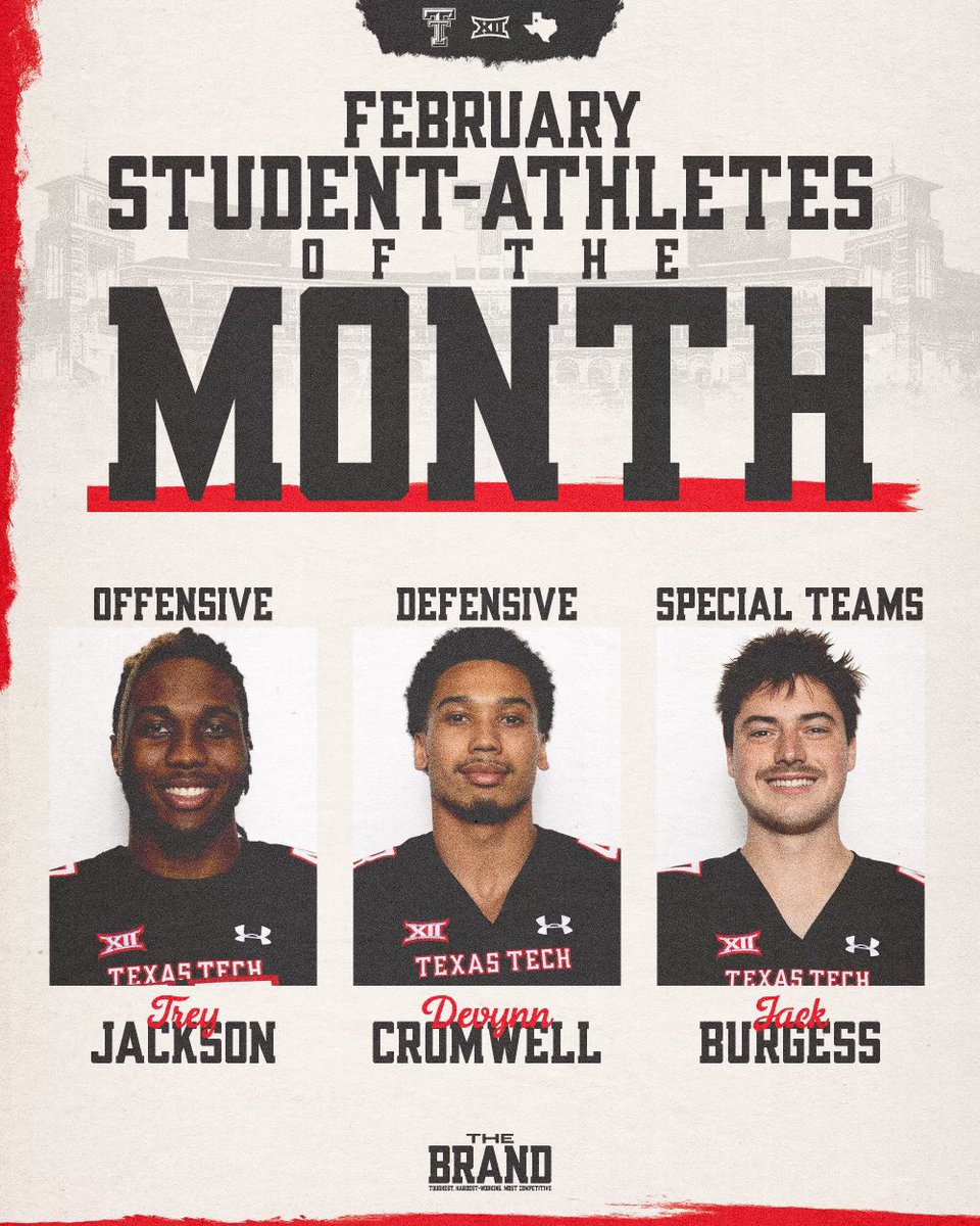 Dave Martin π΅ (@coach_martin34) on Twitter photo Winning on and Off the Field!! Congrats Men!! #TheBrand
<a href="/TreyJackson0/">Trey Jackson</a> <a href="/TheDevCromwell/">Devynn Cromwell</a> <a href="/jackburgess47/">Jack Burgess</a> <a href="/JoeyMcGuireTTU/">Joey McGuire π΅</a> <a href="/TexasTechFB/">Texas Tech Football</a> Winning on and Off the Field!! Congrats Men!! #TheBrand
<a href="/TreyJackson0/">Trey Jackson</a> <a href="/TheDevCromwell/">Devynn Cromwell</a> <a href="/jackburgess47/">Jack Burgess</a> <a href="/JoeyMcGuireTTU/">Joey McGuire π΅</a> <a href="/TexasTechFB/">Texas Tech Football</a>