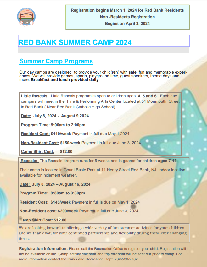 RBParksandRec's tweet photo. ☀ Summer Camp registration is now open for Red Bank residents!
 Little Rascals (Ages 4-6) and Rascals (Ages 7-13). 
Camp takes place July 8th-August 16th. 
Contact us for a registration packet at recreation@redbanknj.org https://t.co/qKqwqNcXZh