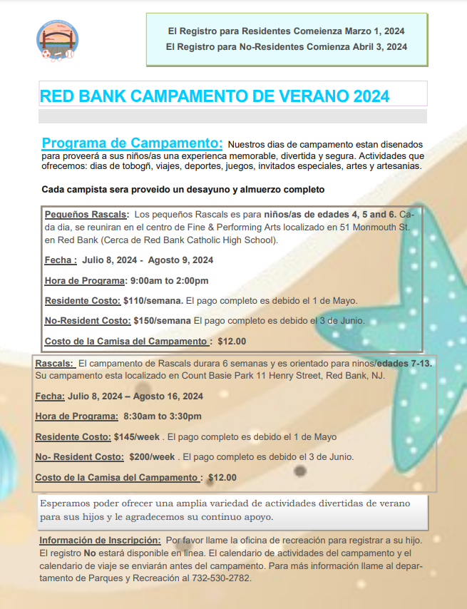 Red Bank Recreation (@rbparksandrec) on Twitter photo β Summer Camp registration is now open for Red Bank residents!
Little Rascals (Ages 4-6) and Rascals (Ages 7-13).
Camp takes place July 8th-August 16th.
Contact us for a registration packet at recreation@redbanknj.org β Summer Camp registration is now open for Red Bank residents!
Little Rascals (Ages 4-6) and Rascals (Ages 7-13).
Camp takes place July 8th-August 16th.
Contact us for a registration packet at recreation@redbanknj.org
