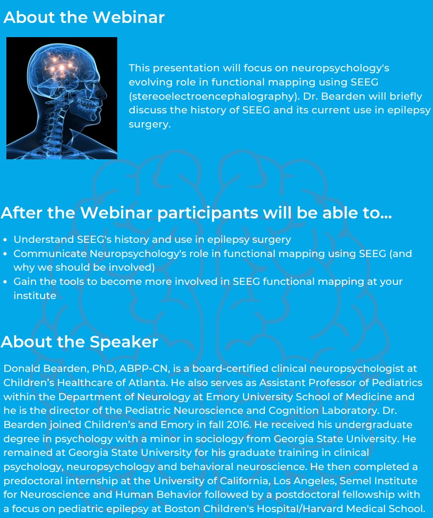 You don't want to miss this webinar by our very own <a href="/DonBeardenPhD/">Donald J. Bearden</a>! He will be discussing neuropsychology's evolving role in functional mapping using SEEG.

Register now at massneuropsych.org