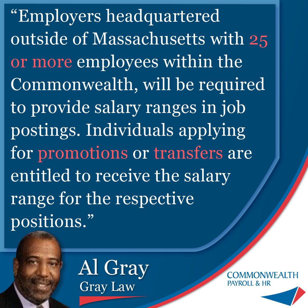 commpayhr's tweet photo. Heads up employers!
Massachusetts employers with 25 or more employees in the Commonwealth will need to provide salary ranges in job postings. 

Stay in compliance with the help of Commonwealth Payroll &amp; HR. 
https://t.co/CHx25GIKKu  
#compliance #payroll #hr #commpayhr https://t.co/THbyTtBXEM