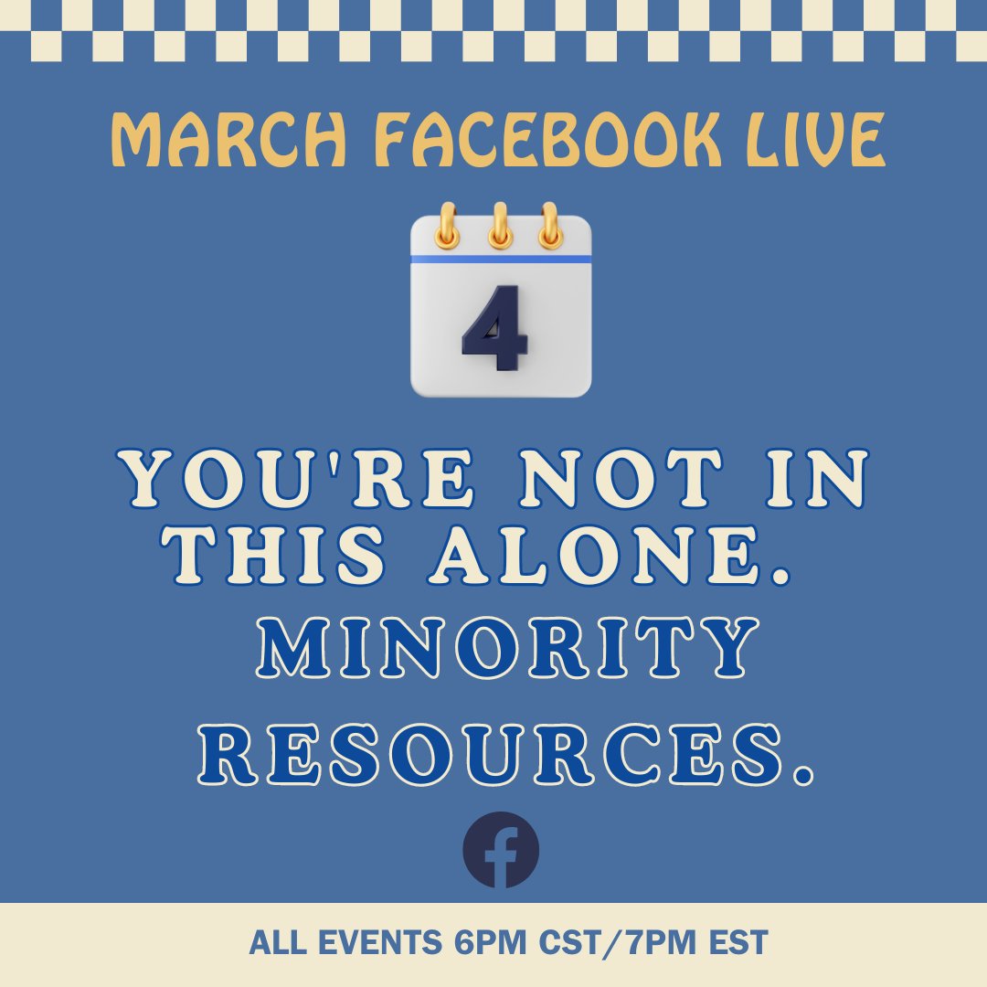 Join our counselors MacKenzie, Montana, and Brittany at our Facebook Live event, 'You're not in this alone. Minority Resources' on March 4. All events 6pm CST/7pm EST.