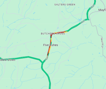 SylvMelB's tweet photo. #FiveAshes: #A267 closed both ways due to an accident between Horleigh Green Road and Holly Beech Lane @SussexTW @SussexIncidents https://t.co/GtgqVJmiuv