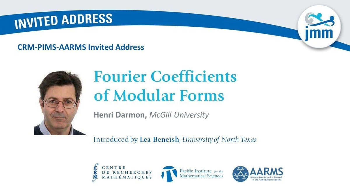 Today's #JMM2024 Video: Henri Darmon, McGill University (@mcgillu), gives the CRM-PIMS-AARMS Invited Address. This lecture is entitled 'Fourier Coefficients of Modular Forms.' Video: buff.ly/3wC26iA @CRM_Montreal @pimsmath @AARMS_math