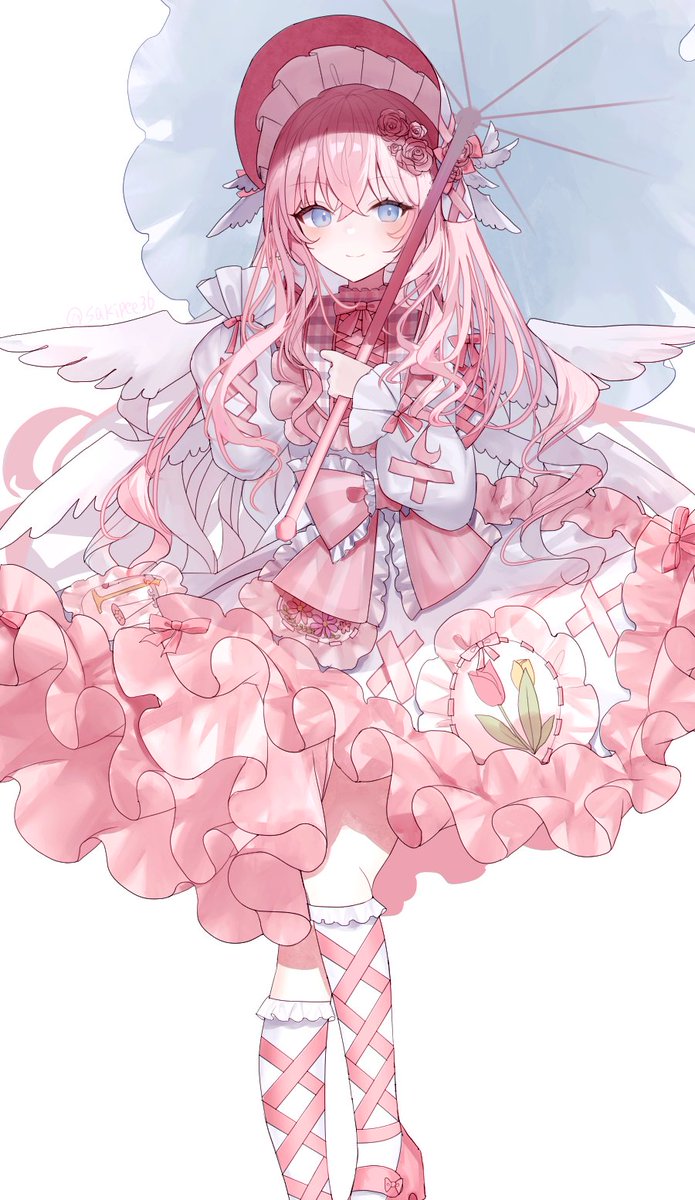 1girl solo pink hair flower blue eyes dress umbrella  illustration images