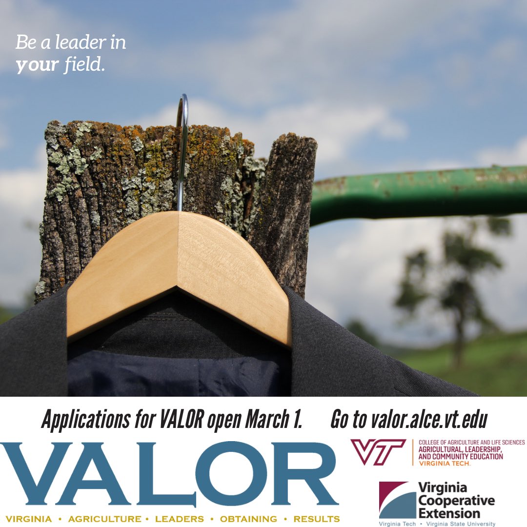 VALOR team (@valeadersor) on Twitter photo Applications for the next class of VALOR fellows are OPEN until May 5th. Thanks for spreading the word! valor.alce.vt.edu <a href="/VaAgriculture/">VDACS</a> <a href="/VTCals/">Virginia Tech CALS</a> <a href="/VACoopExt/">Virginia Cooperative Extension</a> <a href="/VAFBYoungFarmer/">VAFB Young Farmers</a> <a href="/vafbnews/">Virginia Farm Bureau</a> <a href="/ForestryVA/">ForestryVA</a> <a href="/VACounties/">VACo</a> <a href="/VaAgriBiz/">Agribusiness Council</a> <a href="/FarmCreditVAs/">Farm Credit of the Virginias</a> <a href="/HorizonFarmCrdt/">Horizon Farm Credit</a> <a href="/ColFarmCredit/">Colonial Farm Credit</a> <a href="/VSU_AG/">VSU College of AG</a> Applications for the next class of VALOR fellows are OPEN until May 5th. Thanks for spreading the word! valor.alce.vt.edu <a href="/VaAgriculture/">VDACS</a> <a href="/VTCals/">Virginia Tech CALS</a> <a href="/VACoopExt/">Virginia Cooperative Extension</a> <a href="/VAFBYoungFarmer/">VAFB Young Farmers</a> <a href="/vafbnews/">Virginia Farm Bureau</a> <a href="/ForestryVA/">ForestryVA</a> <a href="/VACounties/">VACo</a> <a href="/VaAgriBiz/">Agribusiness Council</a> <a href="/FarmCreditVAs/">Farm Credit of the Virginias</a> <a href="/HorizonFarmCrdt/">Horizon Farm Credit</a> <a href="/ColFarmCredit/">Colonial Farm Credit</a> <a href="/VSU_AG/">VSU College of AG</a>