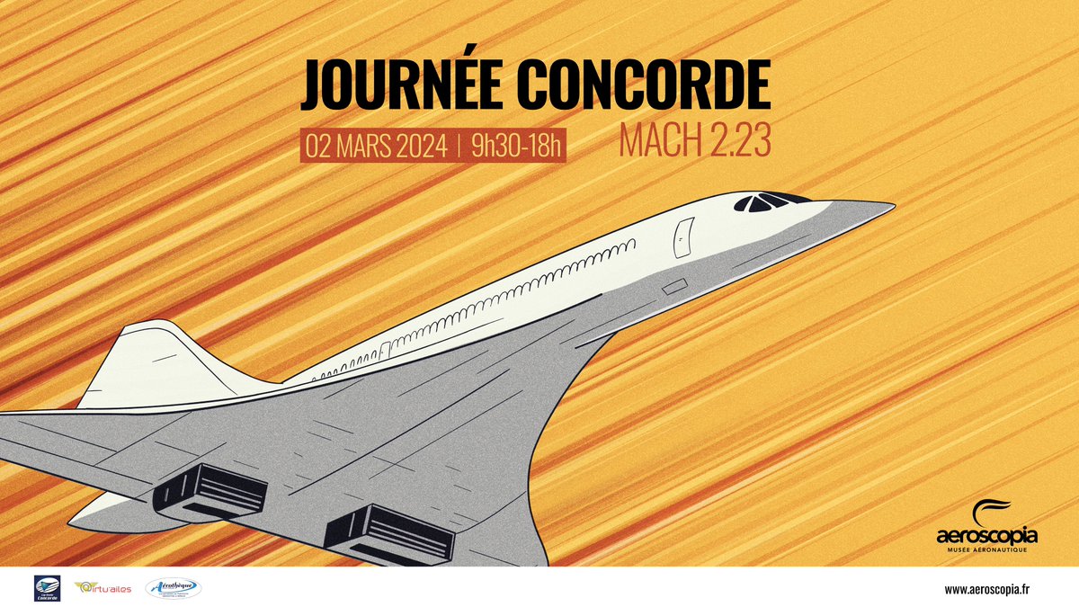 J-1 avant la #JournéeConcorde – Mach 2.23 ! ✈ Venez célébrer avec nous les 50 ans du record de #vitesse à Mach 2.23, demain dès 9h30 ! infos et programme sur : aeroscopia.fr/journee-concor… Ne manquez pas cet événement captivant !