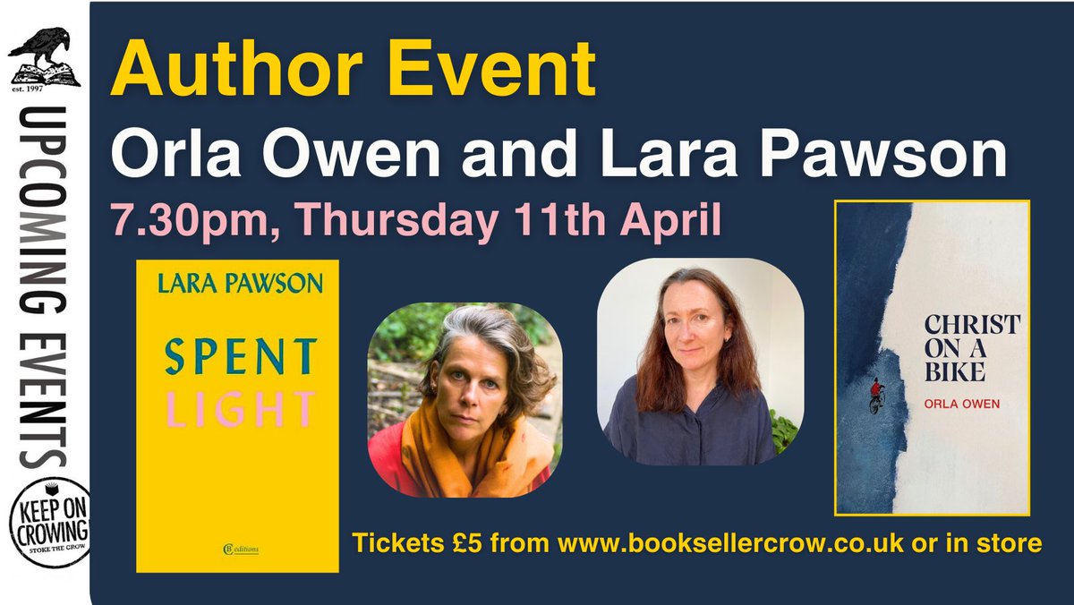 booksellercrow's tweet photo. Really good author event just added to our spring events season when we'll be in conversation with novelists @orlaowenwriting and @larapawson 11th April, 7.30pm. Do come and support us and them. Details &amp;
tickets £5 (includes a 🍷) https://t.co/28sh13ESql https://t.co/AM3YhF3Zsm