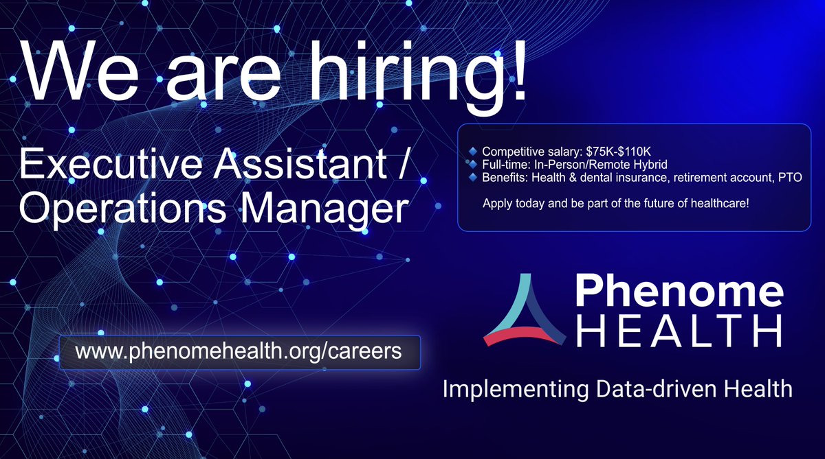 Hi everyone! Exciting news! Phenome Health in Seattle, WA is hiring a detail-oriented Executive Assistant / Operations Manager to pioneer personalized healthcare solutions. Competitive salary, great benefits! Apply now! #PhenomeHealth #SeattleJobs phenomehealth.org/careers