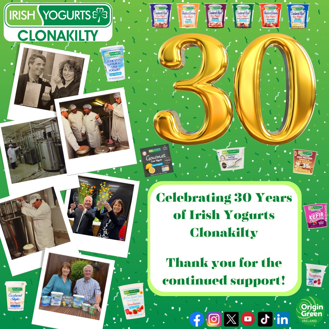 🍾Irish Yogurts Clonakilty is celebrating 30 years in business today!🍾
We would like to thank all of our loyal customers, staff and retailers for all of the support over the years, and going forward as the business continues to go from strength to strength.🎉