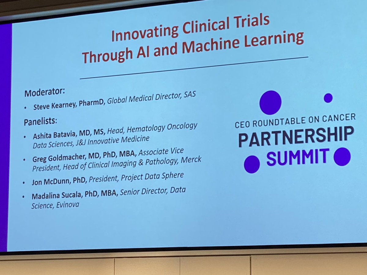 #PartnershipSummit panel 2, moderated by @DrKanalytics of @SASsoftware, includes @AshitaBatavia of @JNJInnovation, @greg_goldmacher of @Merck, Jon McDunn of @ProjDataSphere & @MadalinaSucala of Evinova on innovating #clinicaltrials with #AI. #cancerfight