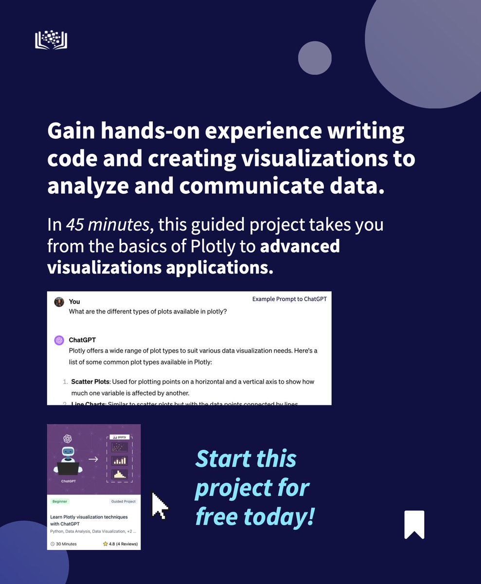CognitiveClass's tweet image. [Free] Guided project: Learn data visualization techniques using ChatGPT and Python Plotly Library. 📊 

In under 1 hour, gain essential data visualization and analysis skills. 

Start for free: cognitiveclass.ai/courses/learn-…

📷 #DataScience #Plotly #DataVisualization #ChatGPT