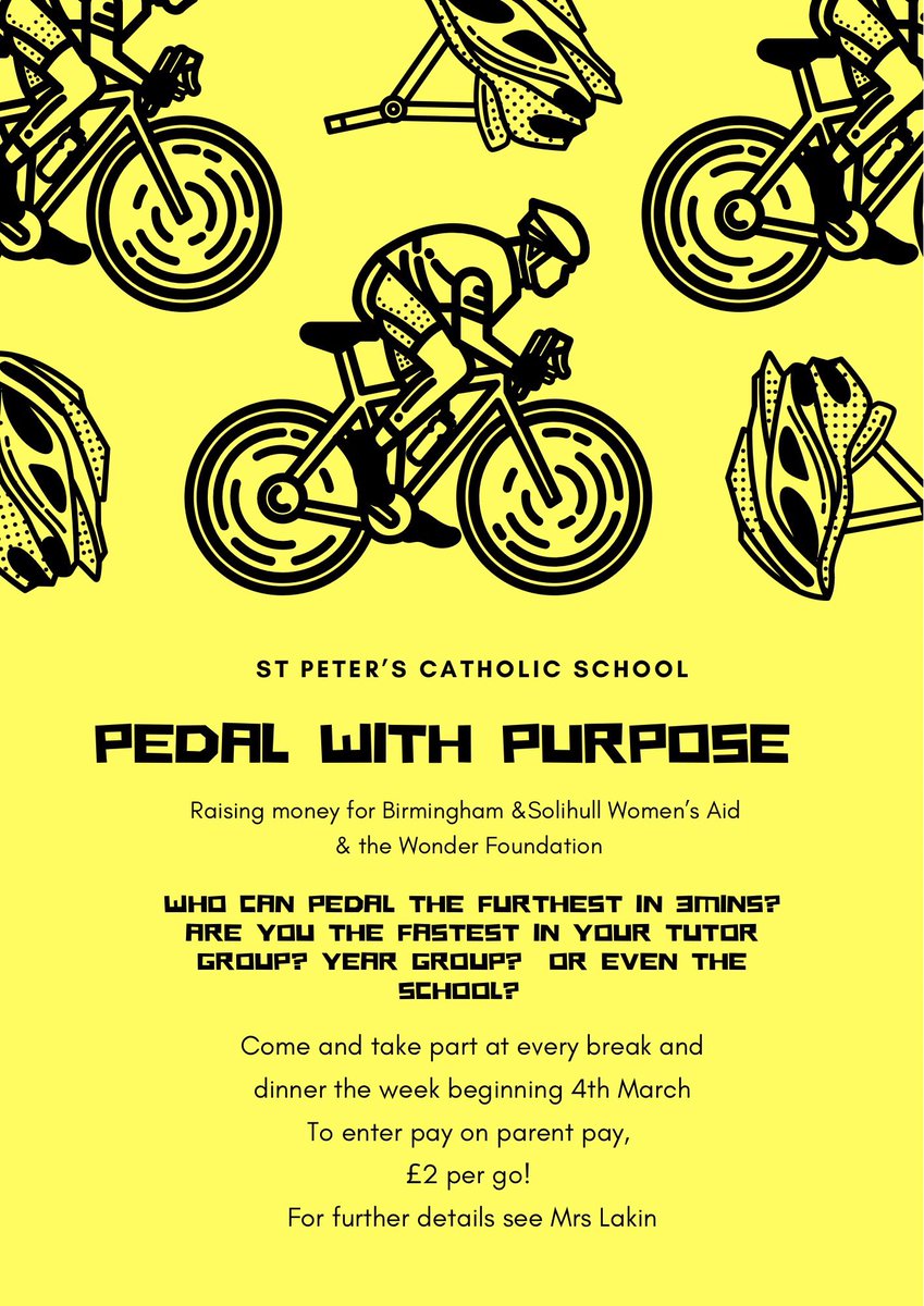 ‘Pedal with Purpose’ @StPetersSch - ensure to make your payment via parent pay! Who can beat Mr Shelton or Mr Williams? Delighted to be supporting @bswaid @womensaid next week as part of our celebration of #IWD2024 @womensday @OurLadyandAllS1 @SolihullUpdates