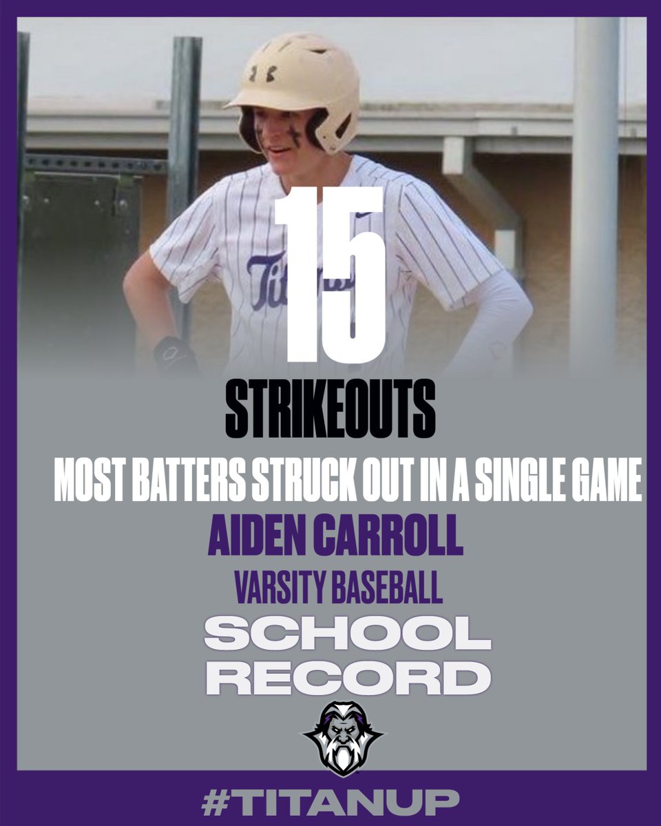🔥 Breaking Records Alert! 🔥 Huge shoutout to Aiden Carroll for an incredible performance on the mound, setting a school record with a whopping 15 strikeouts in a single game! ⚾️💪 Unbelievable skill and determination on display. Way to make history, Aiden! 🌟 #Titanup