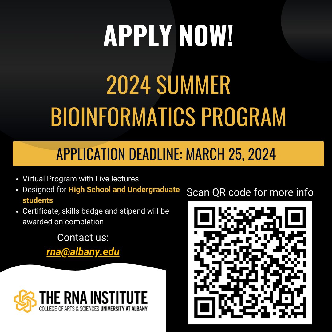 Applications are open for 2024 Summer Bioinformatics Program.
albany.edu/rna/2024-rna-i…