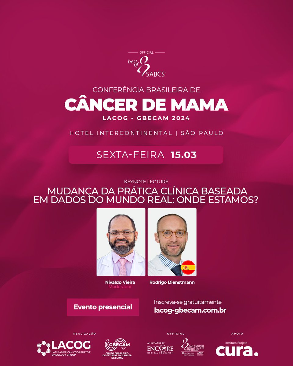 Confira os palestrantes de sexta-feira da Conferência Brasileira de Câncer de Mama 2024 - LACOG/GBECAM - Best of SABCS. O evento acontecerá presencialmente no Hotel Intercontinental, em São Paulo, nos dias 15 e 16 de março de 2024. lacog-gbecam.com.br