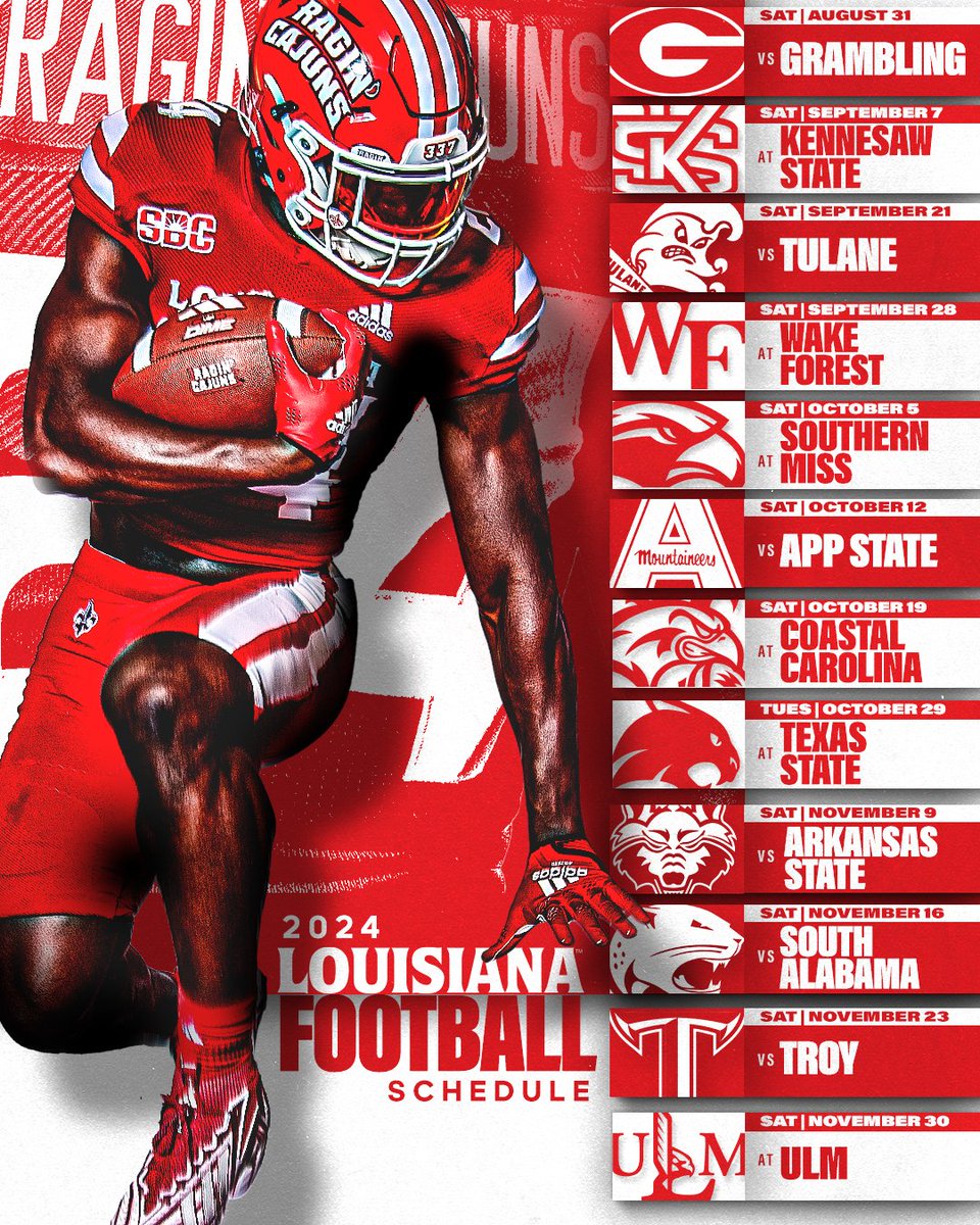 The 2024 schedule is here! 📆

🎟️ ragncaj.co/fbtix

#cULture | #GeauxCajuns