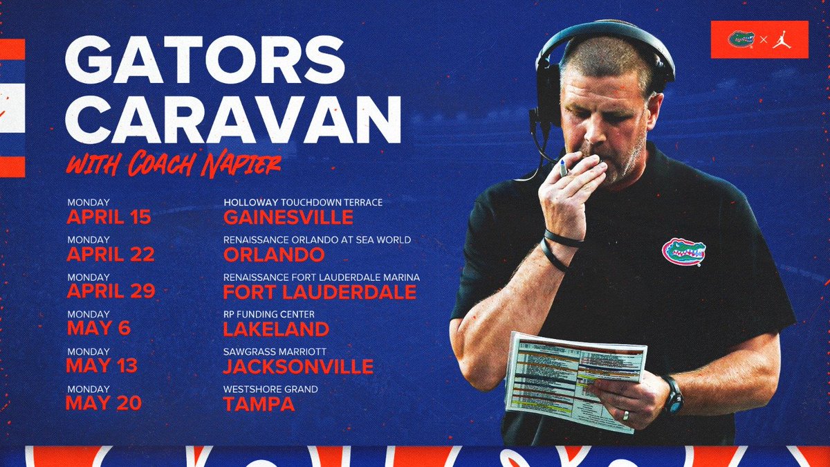 Calling all #Gators! Come join us for a fun evening with Head Football Coach Billy Napier, and our emcee @SeanKelleyLive, as we travel around the state this spring! Tickets are on sale now: am.ticketmaster.com/gators/en/Gato…