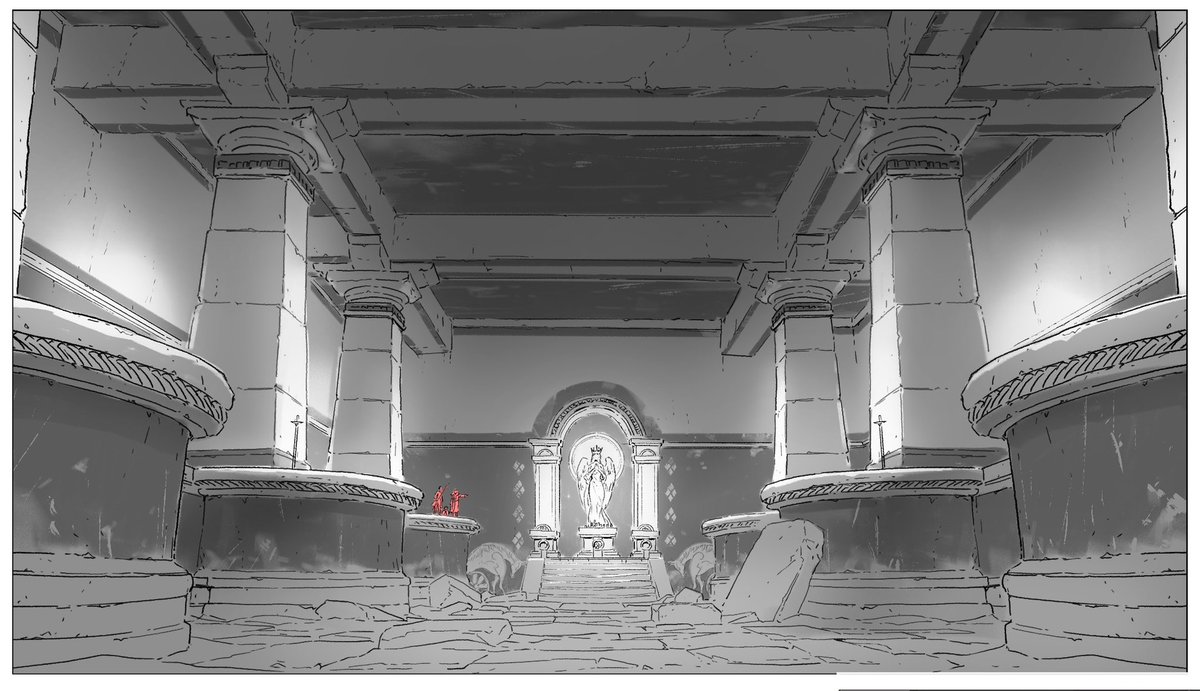 I will introduce the layout and background art for episode 24 that I worked on. I drew various murals, including those depicting Ewig and the Unified Dynasty period (layout only). It was enjoyable to consider the lighting as well. 