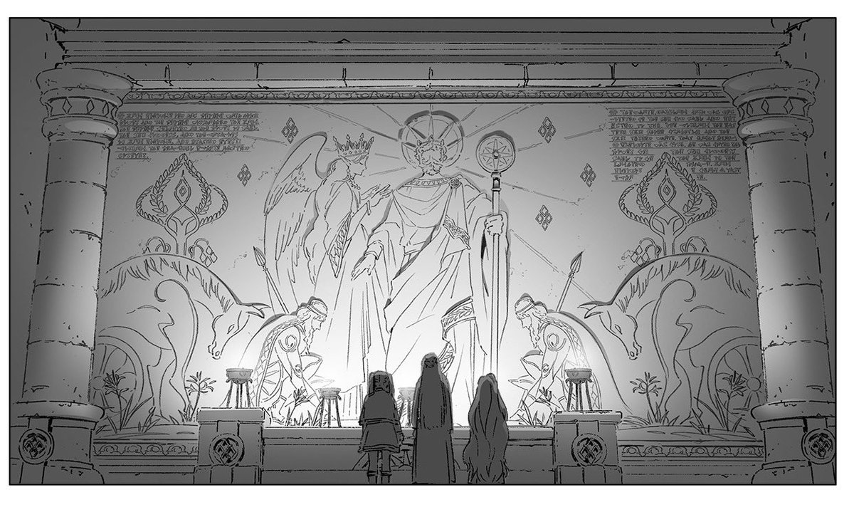 I will introduce the layout and background art for episode 24 that I worked on. I drew various murals, including those depicting Ewig and the Unified Dynasty period (layout only). It was enjoyable to consider the lighting as well. 