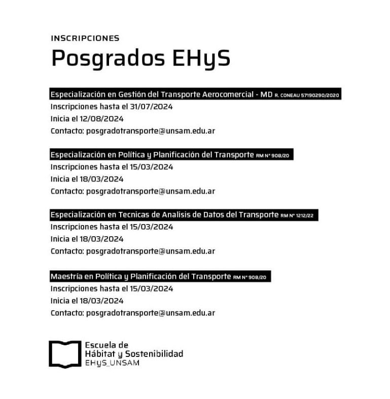 Últimos días para inscribirse en la Especialización en Técnicas y Análisis de Datos del Transporte en UNSAM. Vamos a estar haciendo mucho con datos SUBE y demás. Acá el programa y más de la oferta de postgrados del Instituto 
unsam.edu.ar/escuelas/ehys/…