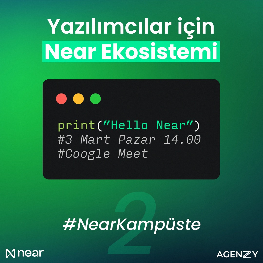 🌟 Agenzy ve @near_turkey iş birliğiyle düzenlenen #NearKampüste kampanyamızın ikinci etkinliği 'Yazılımcılar için Near Ekosistemi' 3 Mart saat 14.00'de online olarak siz değerli katılımcılarımızı bekliyor! 🎉

💻 Yazılım dünyasına meraklıysanız ve Near Ekosistemi'nin