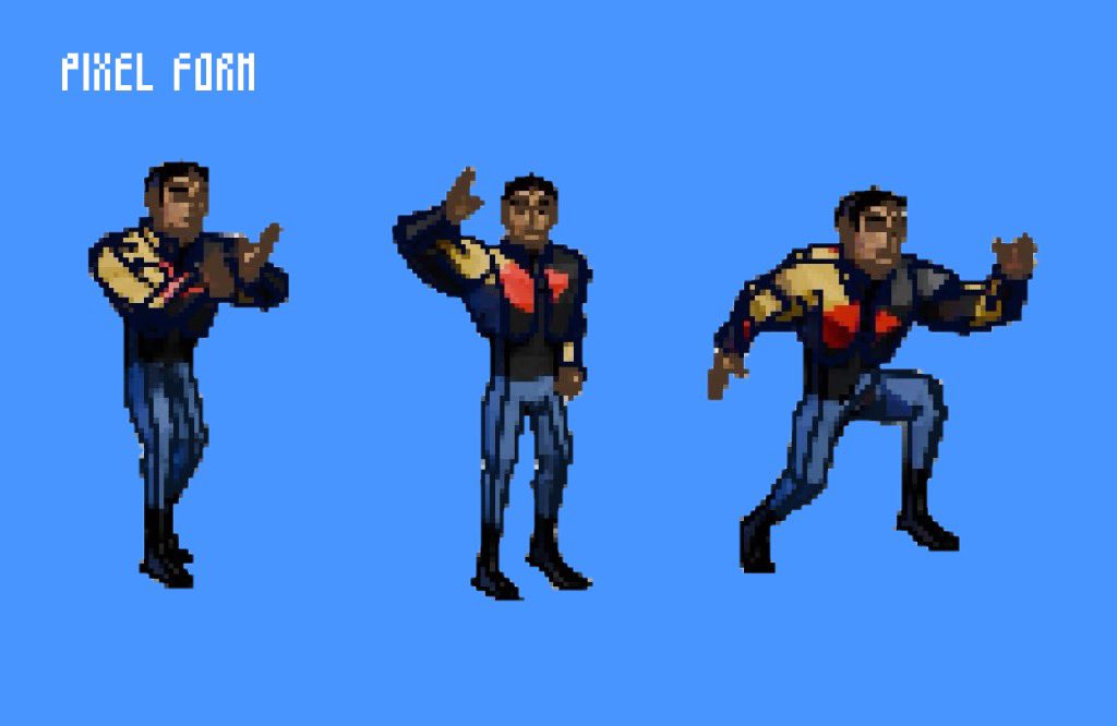 AdventGameDevs's tweet photo. Character development for our new pixel platformer.

Our main inspirations for the story setting is "Back to The Future" and Marty McFly’s aesthetic for the characters. This brings together a really fun blend of futuristic sci-fi and retro elements that amazing to design with. https://t.co/rtppbYPHzu