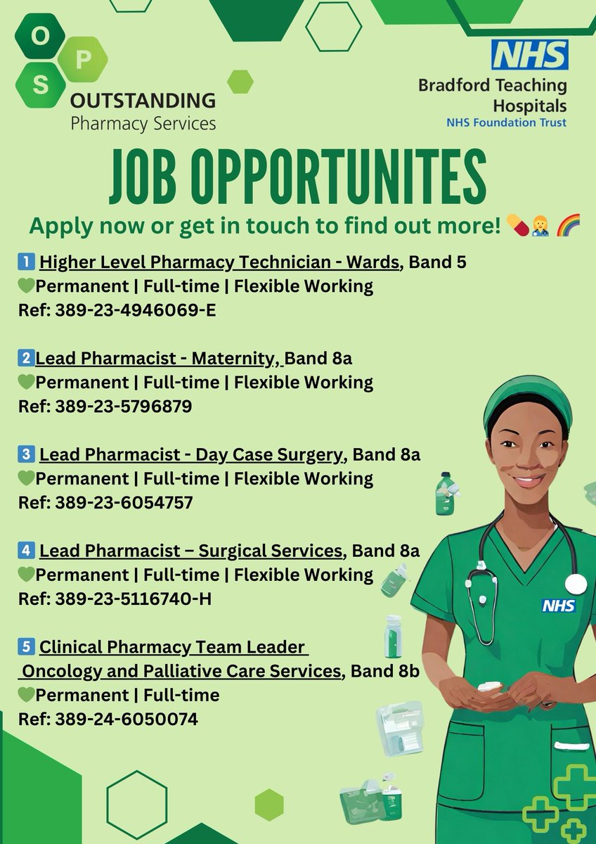 🎉 Exciting opportunities await in our Pharmacy Team at @BTHFT  @BTHFTPharm 🏥 Join us on the journey to outstanding with our Outstanding Pharmacy Service programme. Apply now or get in touch for more information:  shorturl.at/iwGV6 #PharmacyJobs #BradfordNHS 💚💚💚