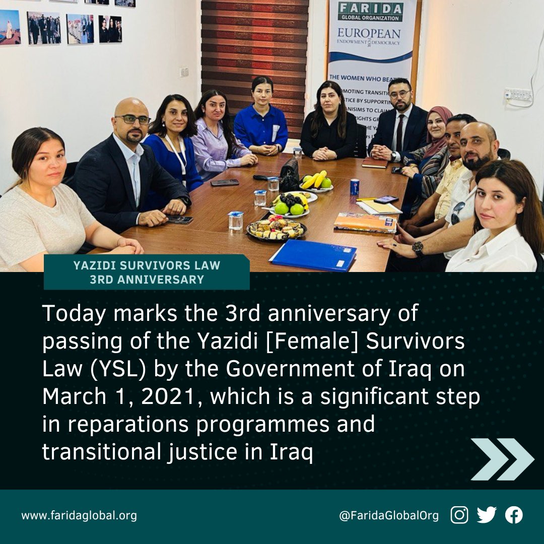 Today marks the third anniversary since the passing of the Yazidi [Female] Survivor’s Law No. 8 for 2021
Since day one Farida Global was a voice for this law and continues to support the survivors in their journey 
#YSL #Yazidi #Christian #Shabak #Turkmen #Rights
