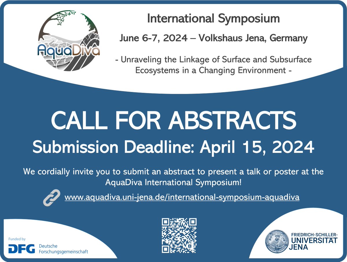 📣We are excited to announce a call for abstracts for our upcoming International Symposium AquaDiva‼️
⏰Abstract Deadline: 15 April 2024
🗓️Event Date: 6-7 June 2024
🚩Event Place: Volkshaus Jena, Germany
🔗More details, abstract submission, and guidelines:
aquadiva.uni-jena.de/international-…