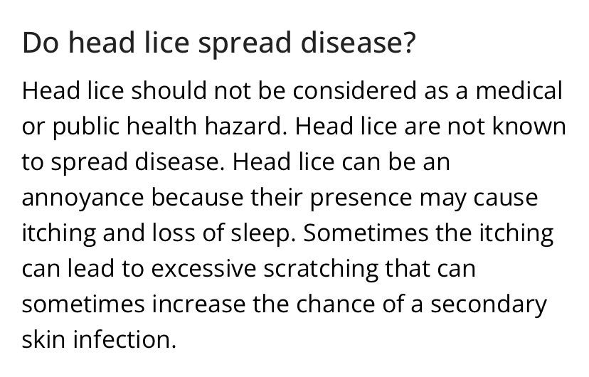 LieslMcConchie's tweet image. Number of health-related emails received from my kids&apos; school in 2024:

21 emails regarding lice

1 email regarding Covid-19
(to inform us Covid+ students can return to school while infectious and don&apos;t need to wear a mask.)

How serious are these conditions? Let&apos;s check ...⬇️⬇️