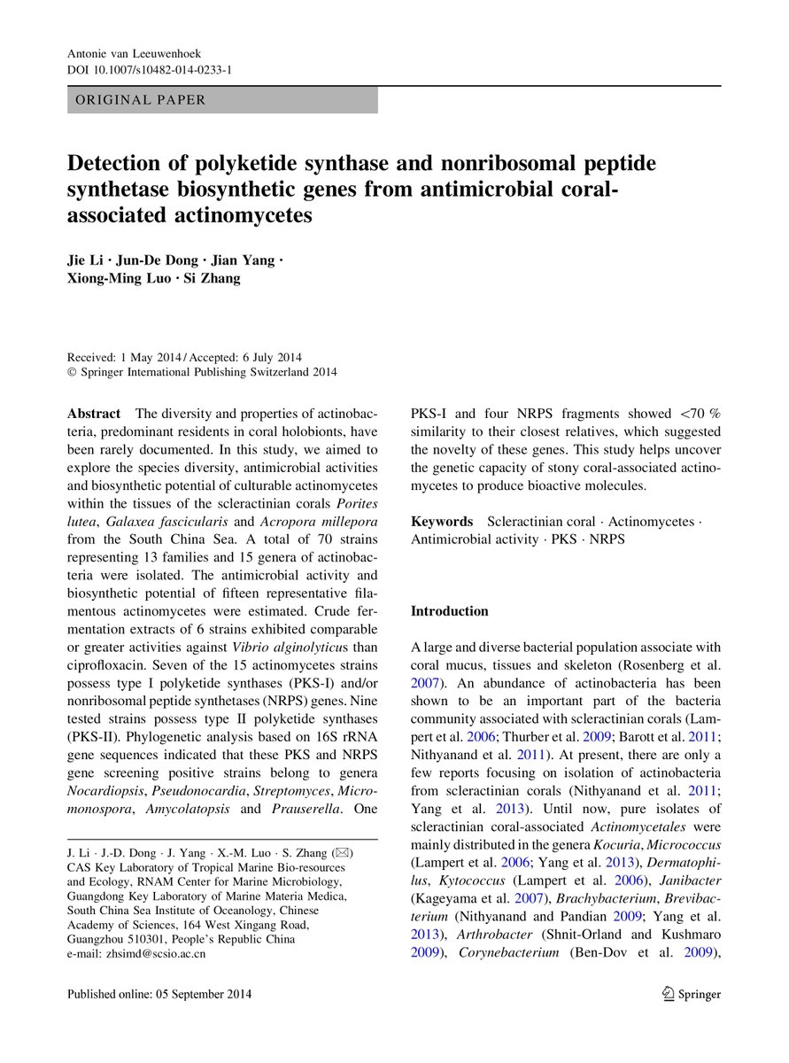 Detection of polyketide synthase and nonribosomal peptide synthetase biosynthetic genes from antimicrobial coral-associated actinomycetes eurekamag.com/research/052/5…